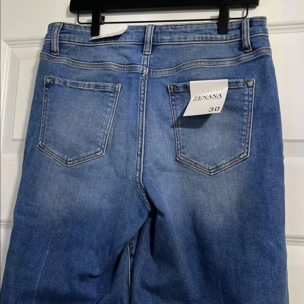 Zenana Distressed Kick Dark Blue Flare Jeans with Raw Hem Size 30 - Picture 6 of 8